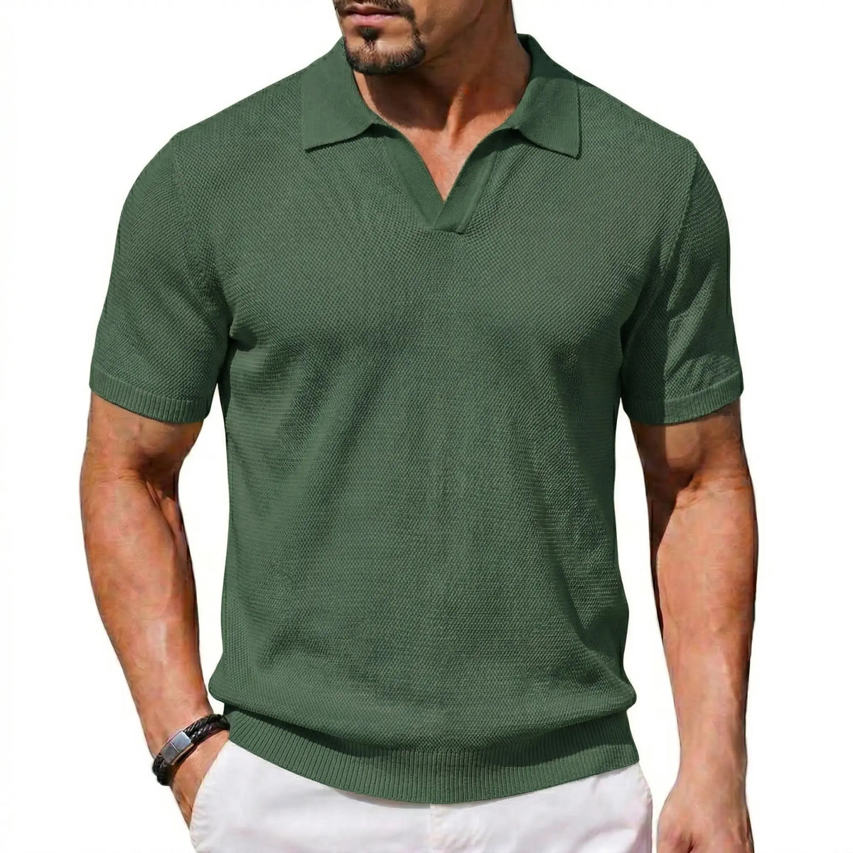 2026 Men's Ribbed Knit Polo | Short Sleeve Sweater Shirt | V-Neck Knitted Top