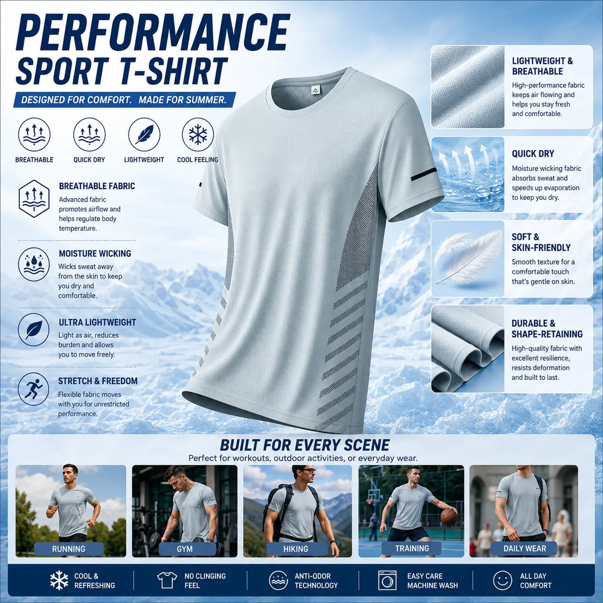 Men's Quick-Drying Breathable Color-Blocked Sports Short-Sleeve T-Shirt, Printed Mesh Fabric