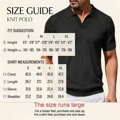 2026 Men's Ribbed Knit Polo | Short Sleeve Sweater Shirt | V-Neck Knitted Top