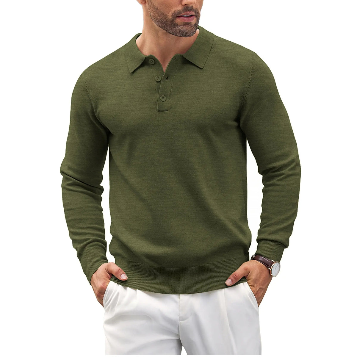 Men's Long Sleeve Knit Polo - Casual Button Down Golf Shirts for Men Formal Quarter