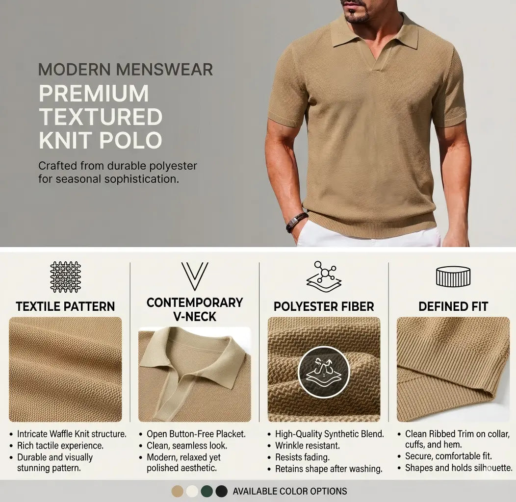 2026 Men's Ribbed Knit Polo | Short Sleeve Sweater Shirt | V-Neck Knitted Top