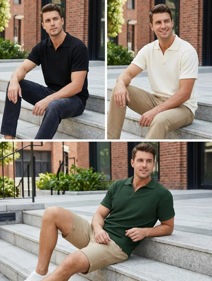 2026 Men's Ribbed Knit Polo | Short Sleeve Sweater Shirt | V-Neck Knitted Top