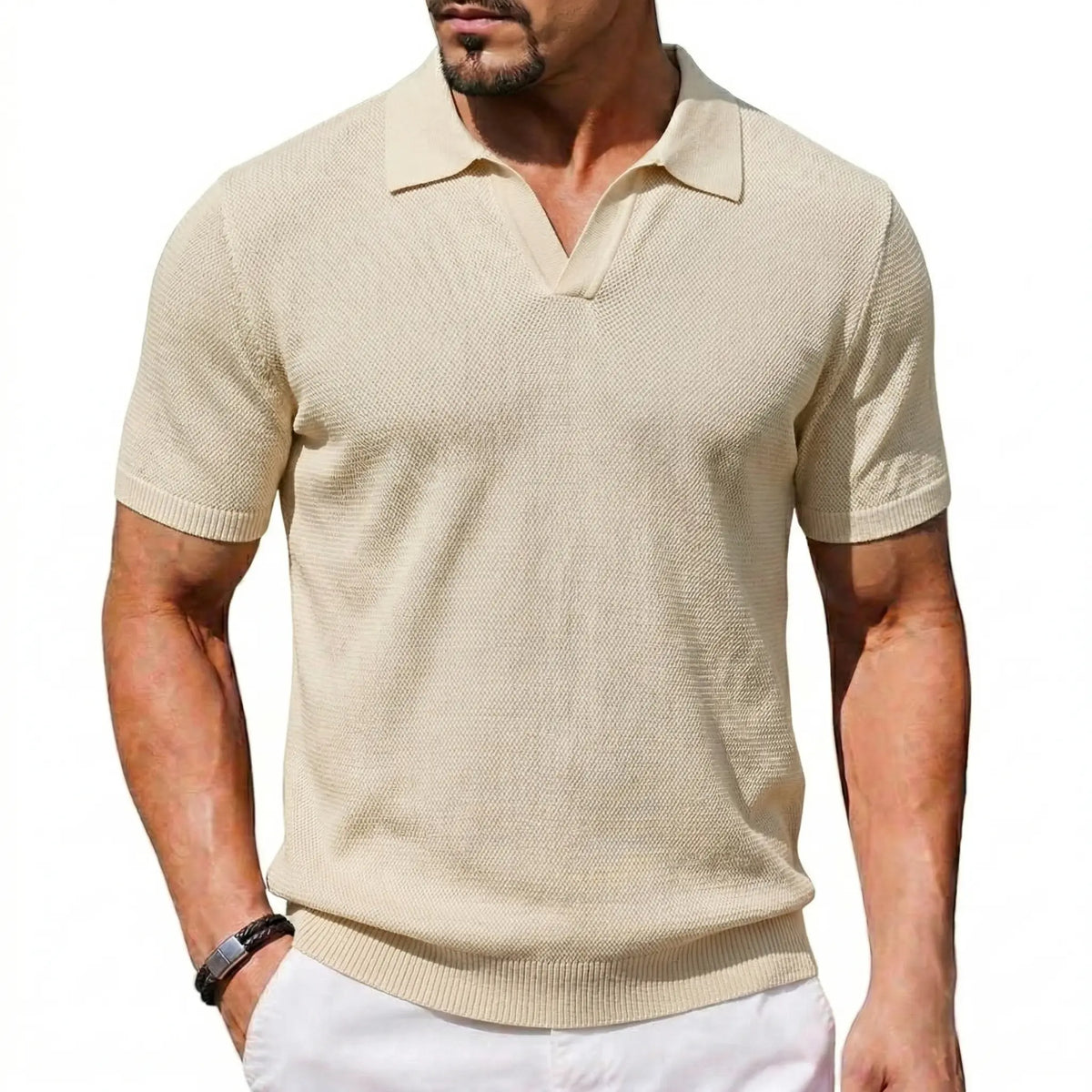 2026 Men's Ribbed Knit Polo | Short Sleeve Sweater Shirt | V-Neck Knitted Top