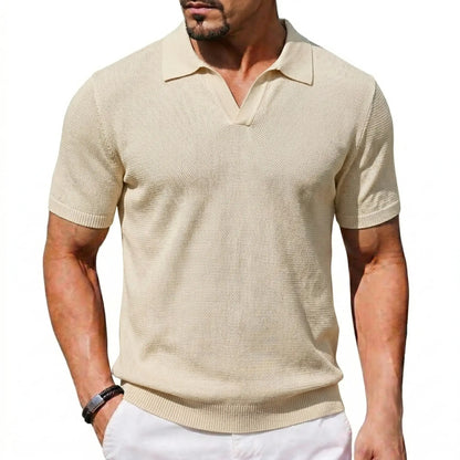 2026 Men's Ribbed Knit Polo | Short Sleeve Sweater Shirt | V-Neck Knitted Top